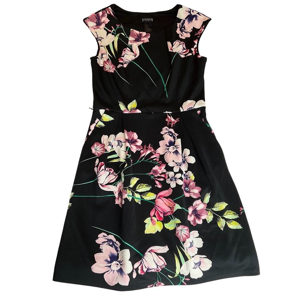 Enfocus Studio Women Dress 6 Black Floral Fit & Flare Sleeveless Knee Length